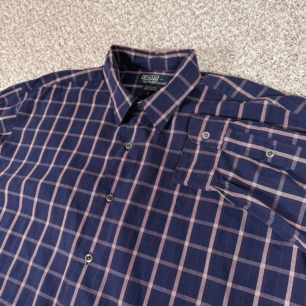 Polo Ralph Lauren Shirt Mens XL Navy Plaid Marlowe 100% Cotton Button Up Classic